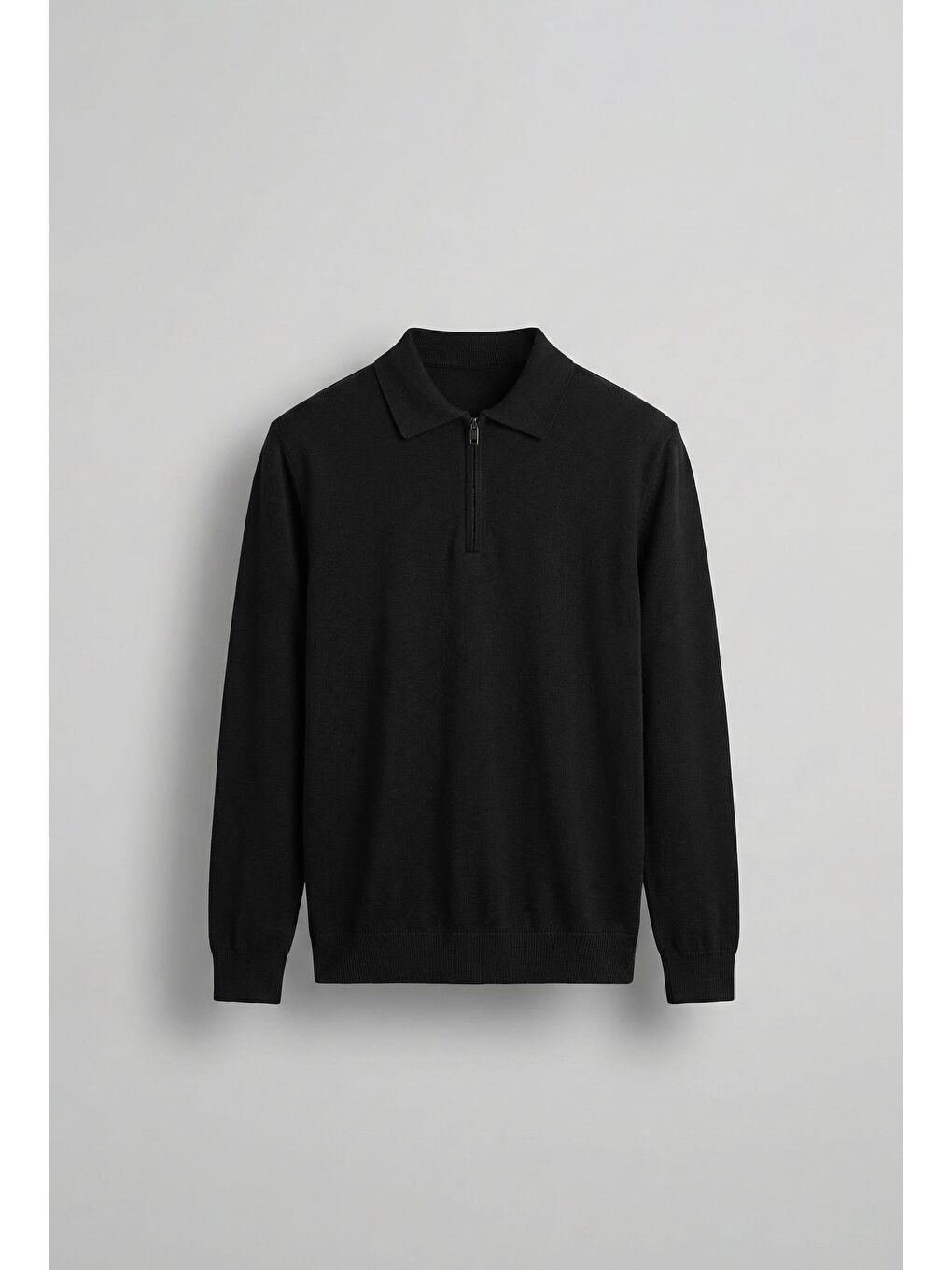 Erkek Yarım Fermuarlı Polo Yaka Triko Kazak Siyah