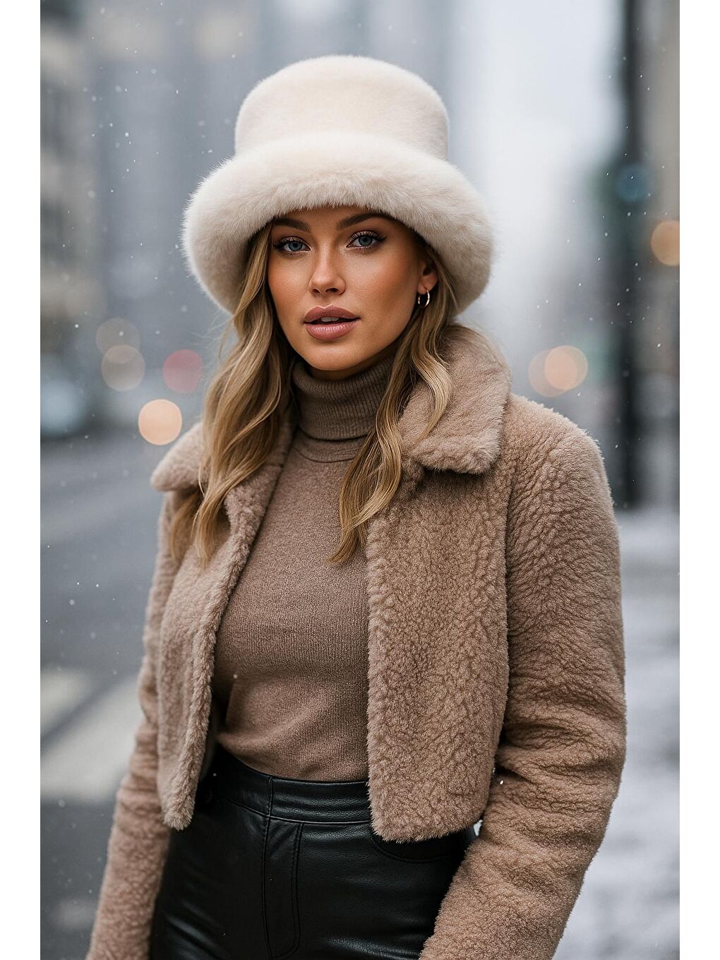 Bej Kalın Pelüş Kalpak Şapka   Bere Sıcak Tutan Dış Mekan Soğuktan Koruma Spk1143-1