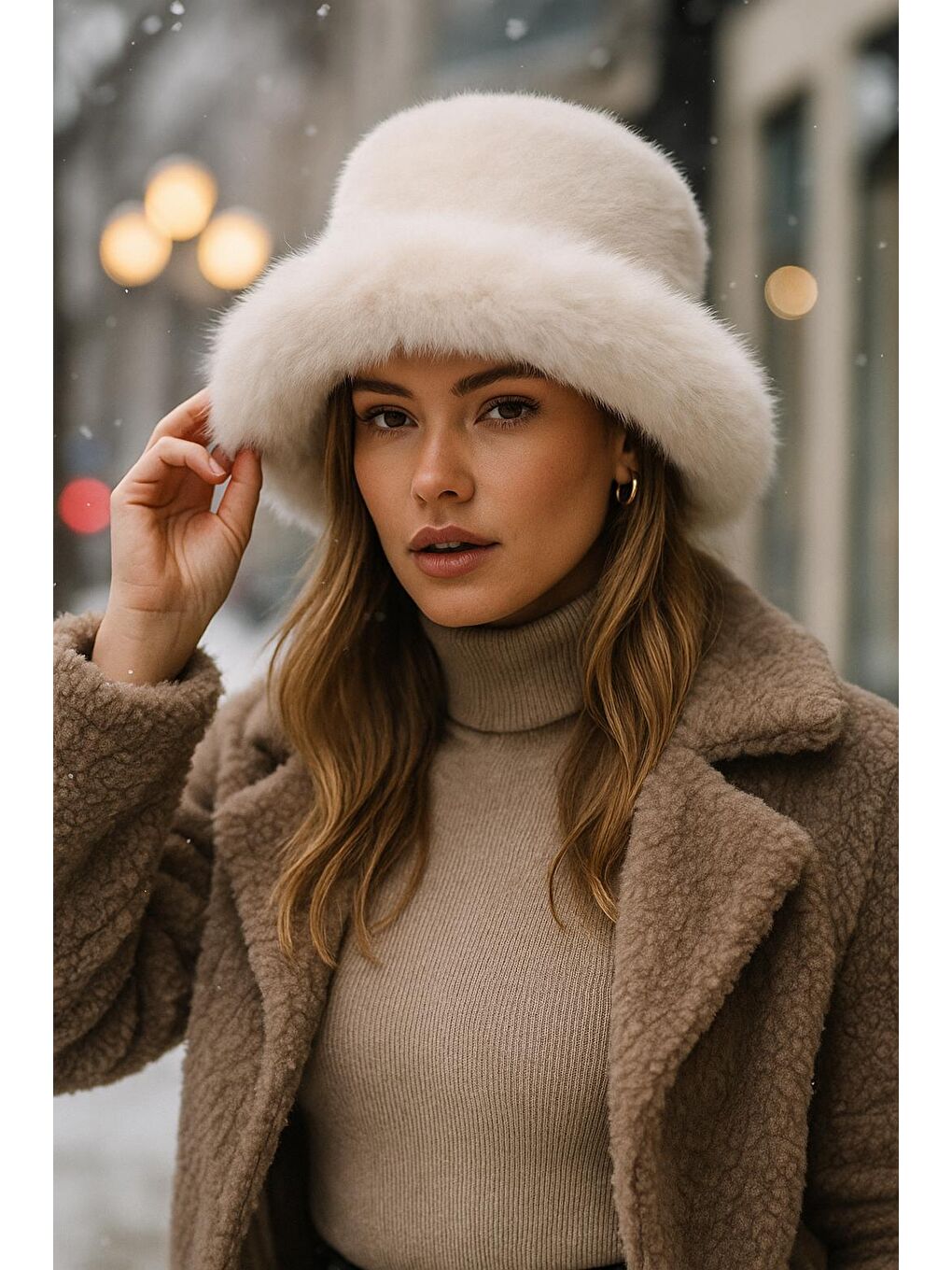 Bej Kalın Pelüş Kalpak Şapka   Bere Sıcak Tutan Dış Mekan Soğuktan Koruma Spk1143-2