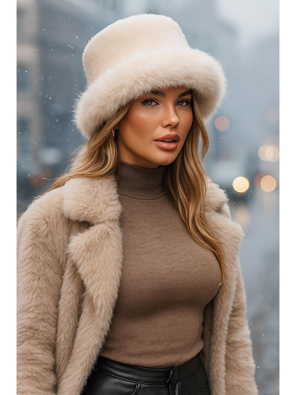 Bej Kalın Pelüş Kalpak Şapka   Bere Sıcak Tutan Dış Mekan Soğuktan Koruma Spk1143-3