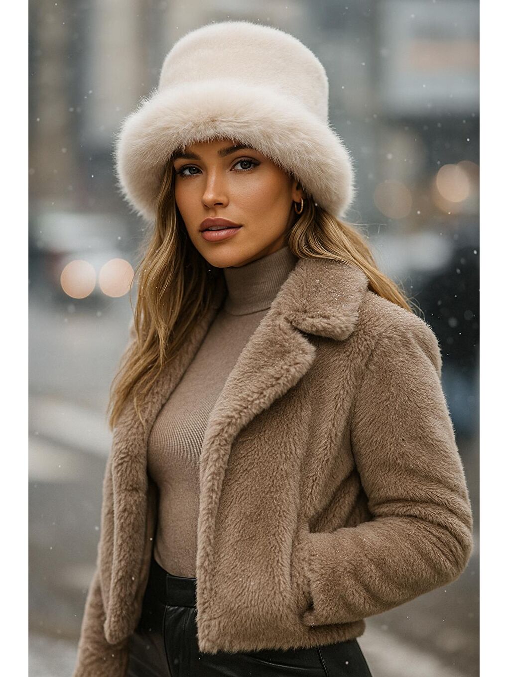 Bej Kalın Pelüş Kalpak Şapka   Bere Sıcak Tutan Dış Mekan Soğuktan Koruma Spk1143-4