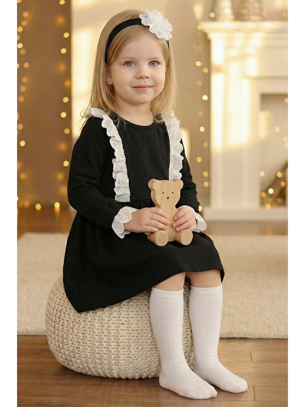 Kız Bebek Elena Siyah Uzun Kollu Bisiklet Yaka Fisto Dantel Detaylı Elbise Saç Bandı Takım-1