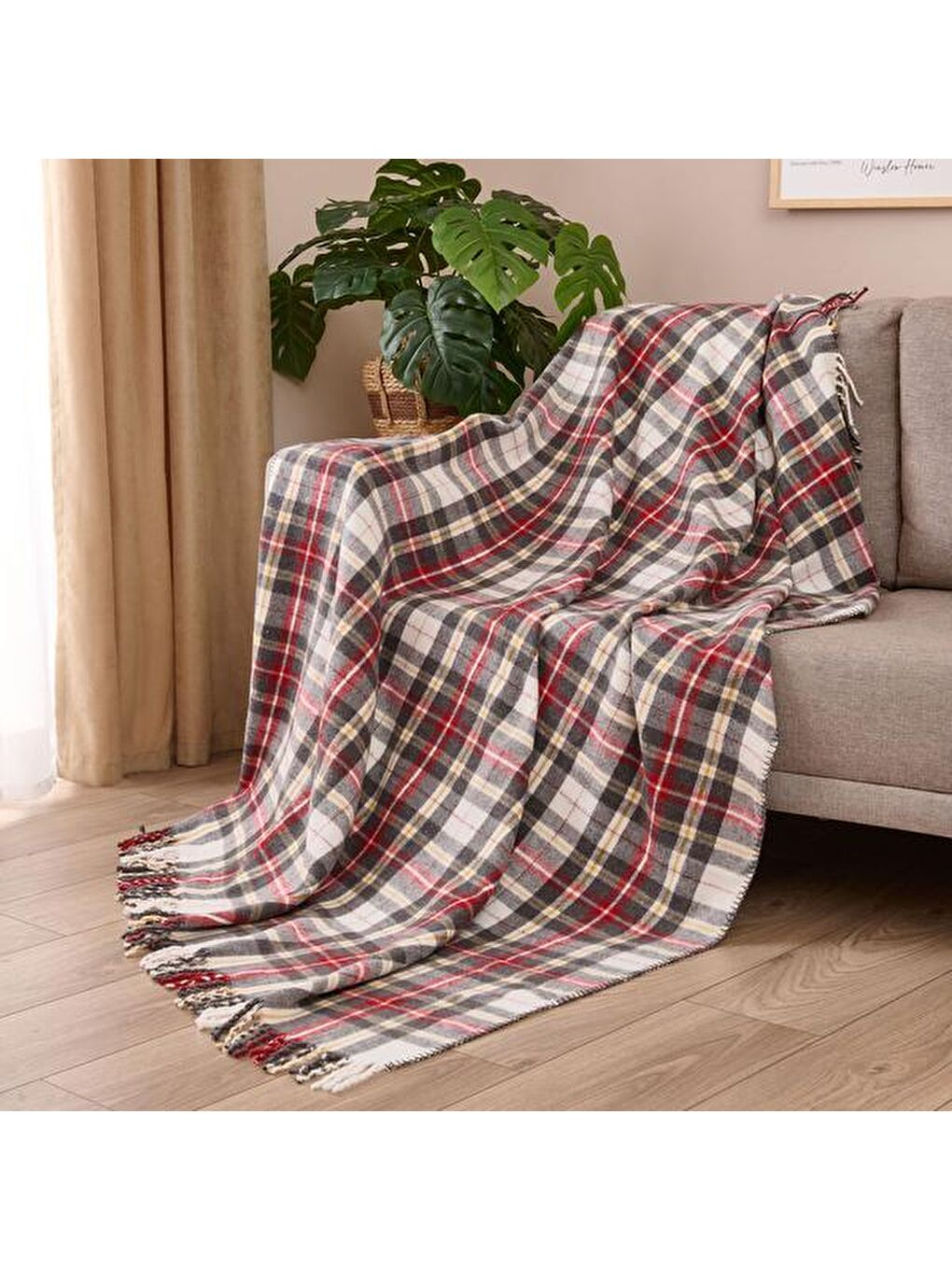 Soft Sim İp Detaylı Skoç Koltuk Şalı - Kırmızı - 130x170 cm