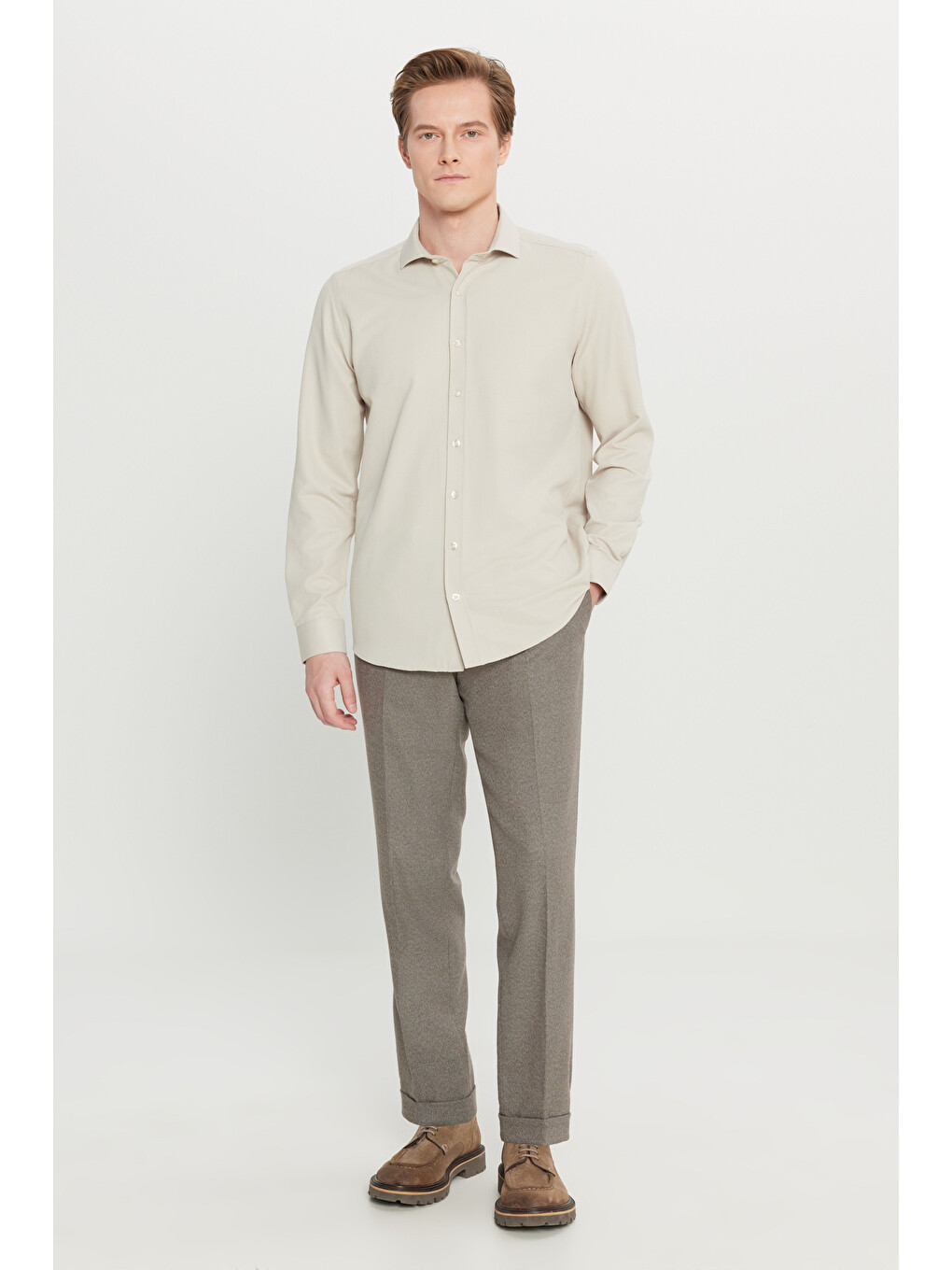 Bej Erkek Vizon Slim Fit Beli Gizli Lastikli Diagonal Desenli Yan Cepli Esnek Klasik Pantolon-1