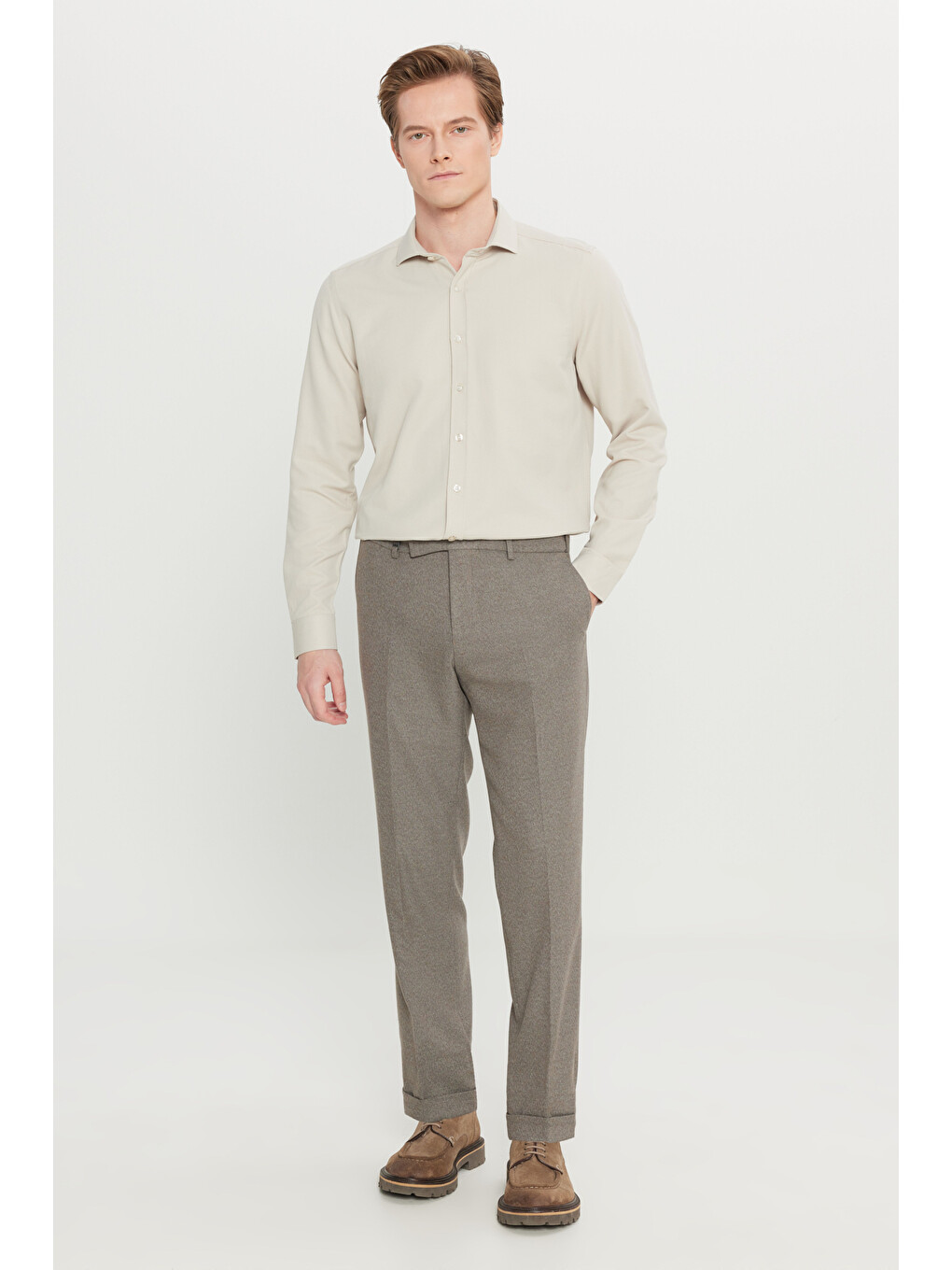 Bej Erkek Vizon Slim Fit Beli Gizli Lastikli Diagonal Desenli Yan Cepli Esnek Klasik Pantolon-2