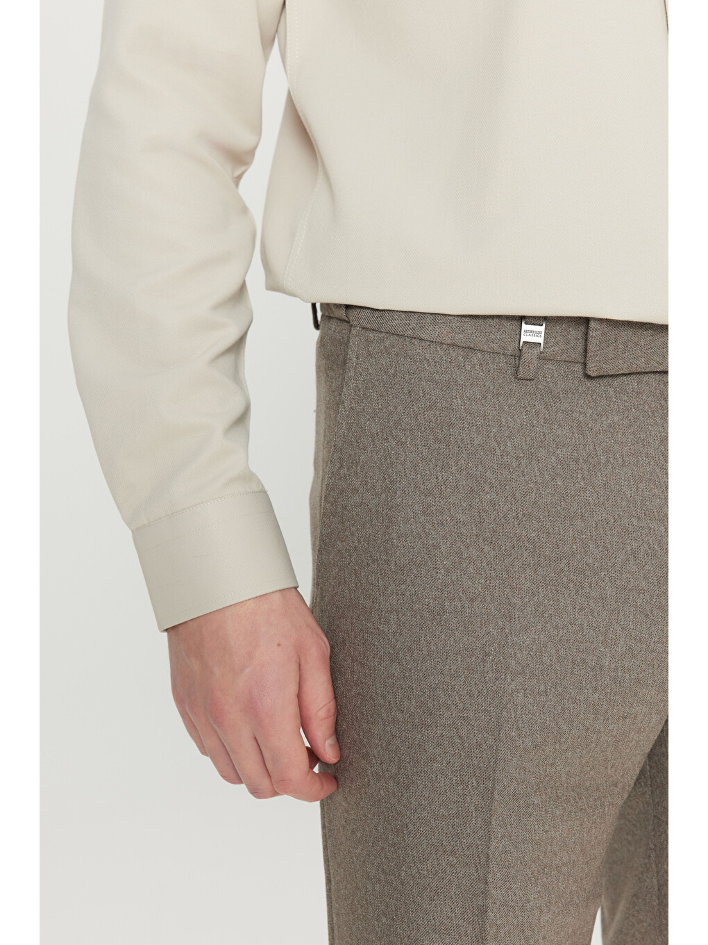 Bej Erkek Vizon Slim Fit Beli Gizli Lastikli Diagonal Desenli Yan Cepli Esnek Klasik Pantolon-3