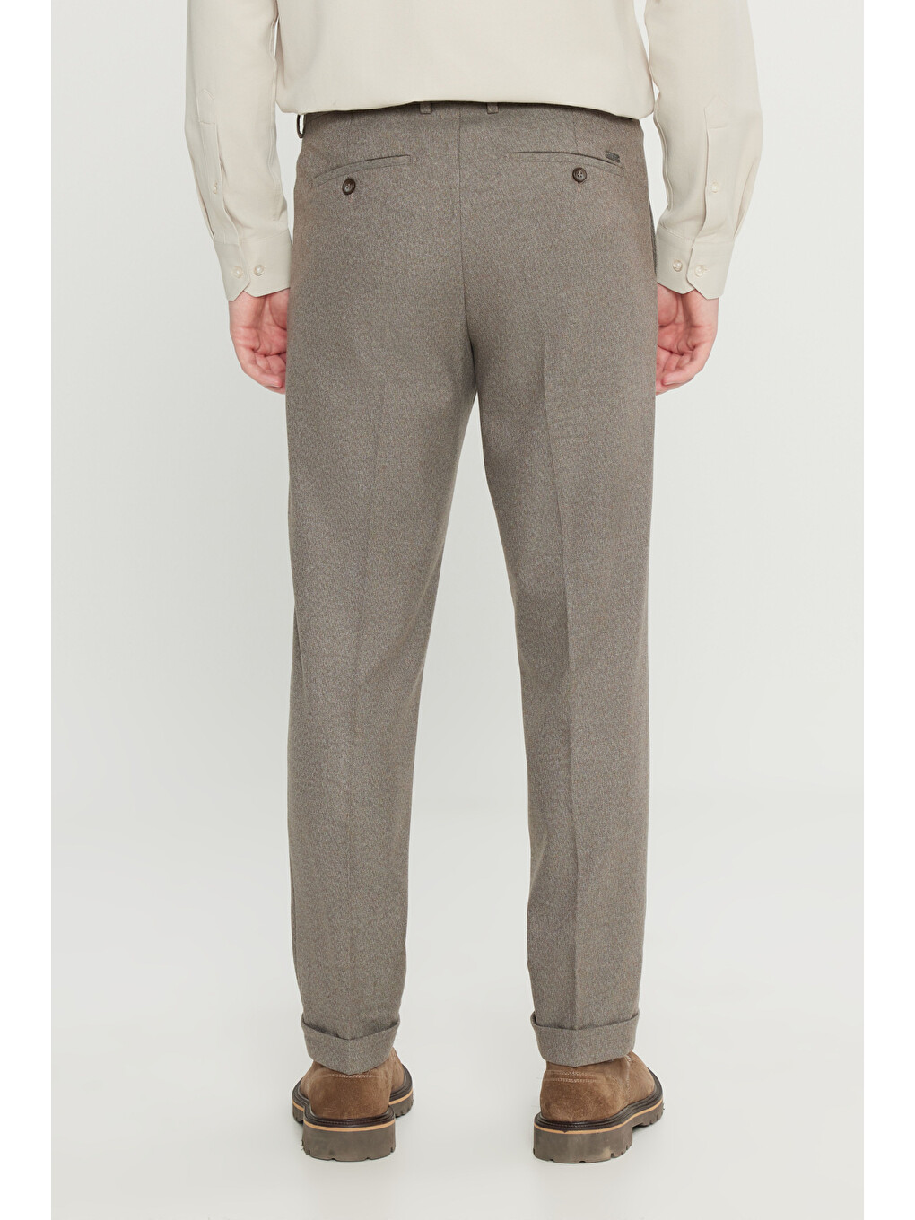 Bej Erkek Vizon Slim Fit Beli Gizli Lastikli Diagonal Desenli Yan Cepli Esnek Klasik Pantolon-4