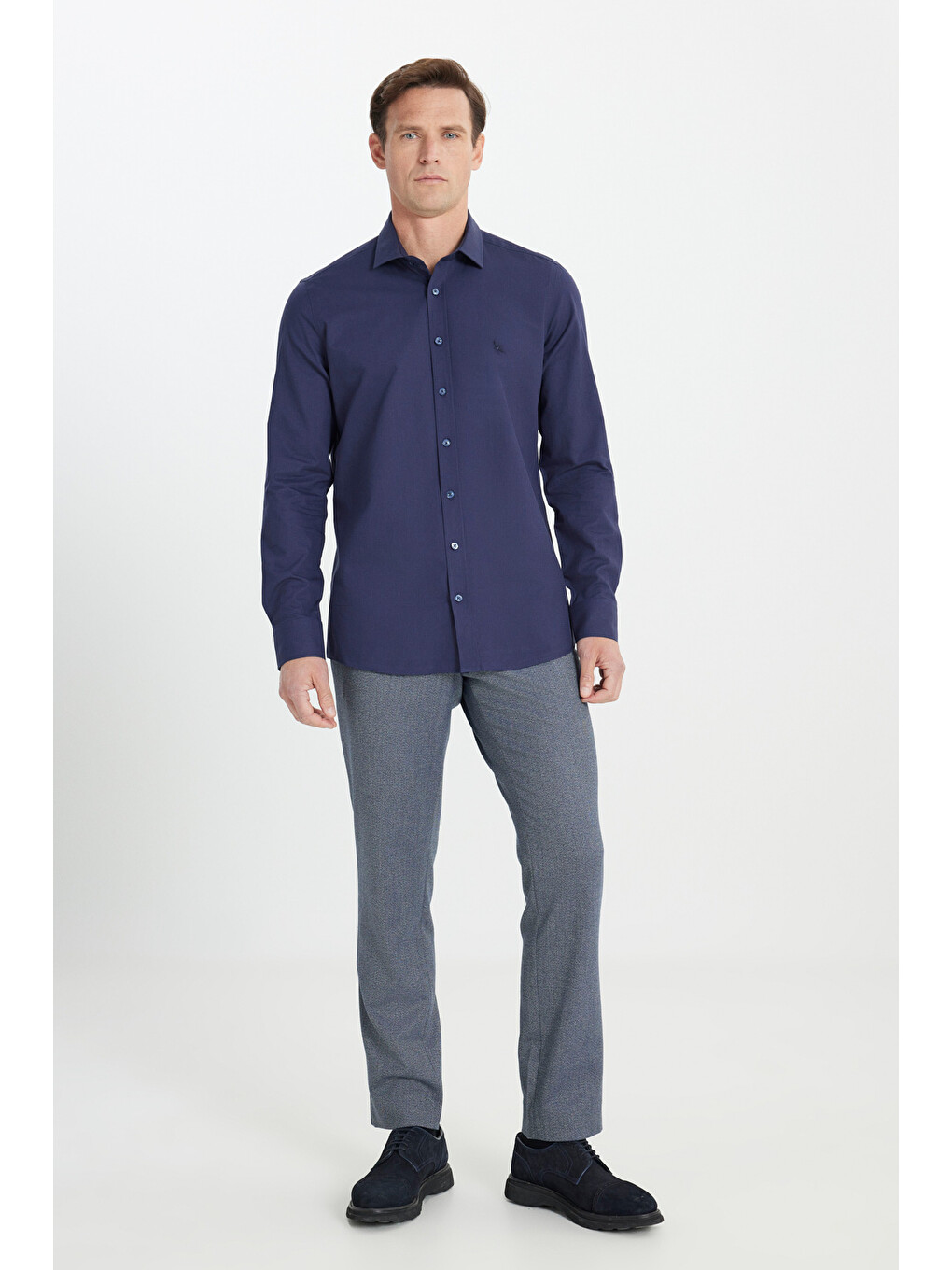 Erkek Lacivert %100 Pamuk Slim Fit Dar Kesim Klasik Yaka Armürlü Gömlek-1