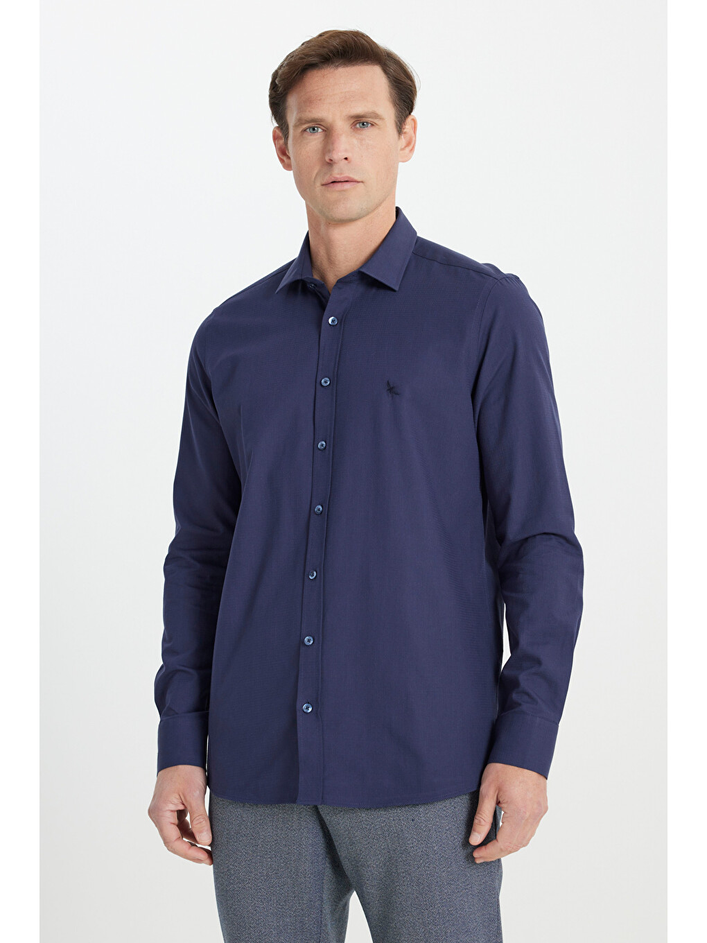 Erkek Lacivert %100 Pamuk Slim Fit Dar Kesim Klasik Yaka Armürlü Gömlek-2