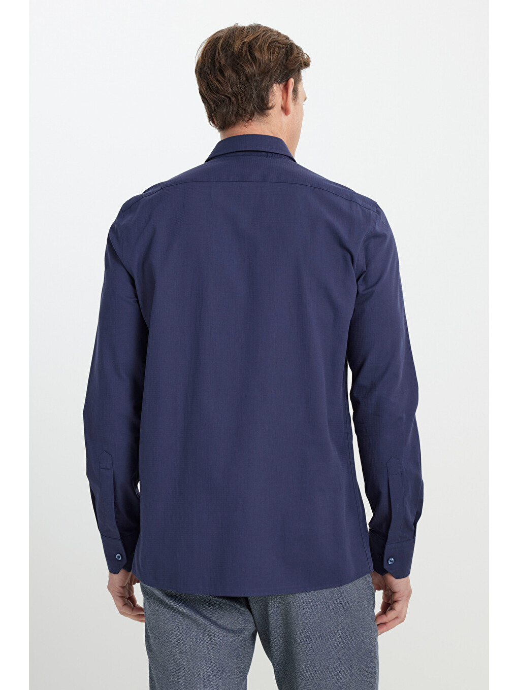 Erkek Lacivert %100 Pamuk Slim Fit Dar Kesim Klasik Yaka Armürlü Gömlek-5