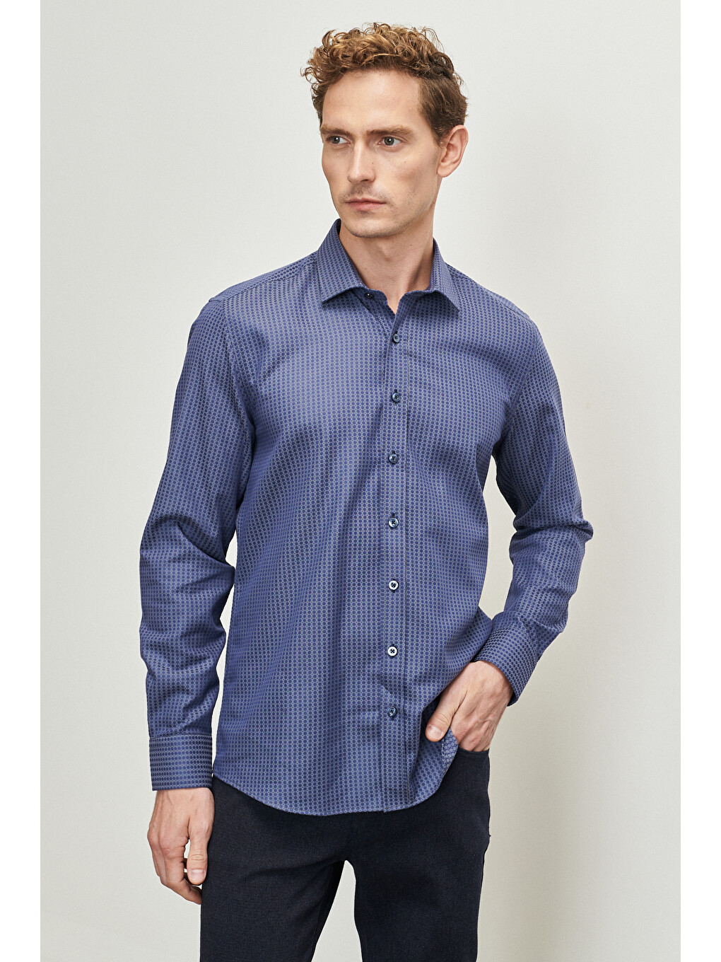 Erkek Lacivert-gri Slim Fit Dar Kesim Klasik Yaka %100 Pamuk Armürlü Gömlek