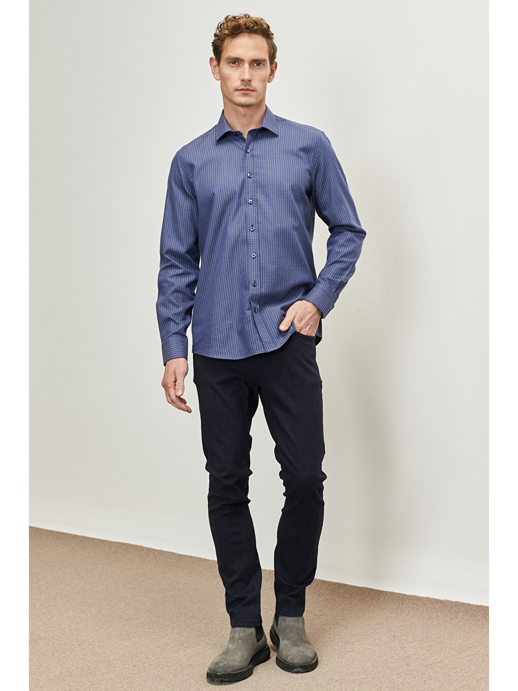 Erkek Lacivert-gri Slim Fit Dar Kesim Klasik Yaka %100 Pamuk Armürlü Gömlek-1