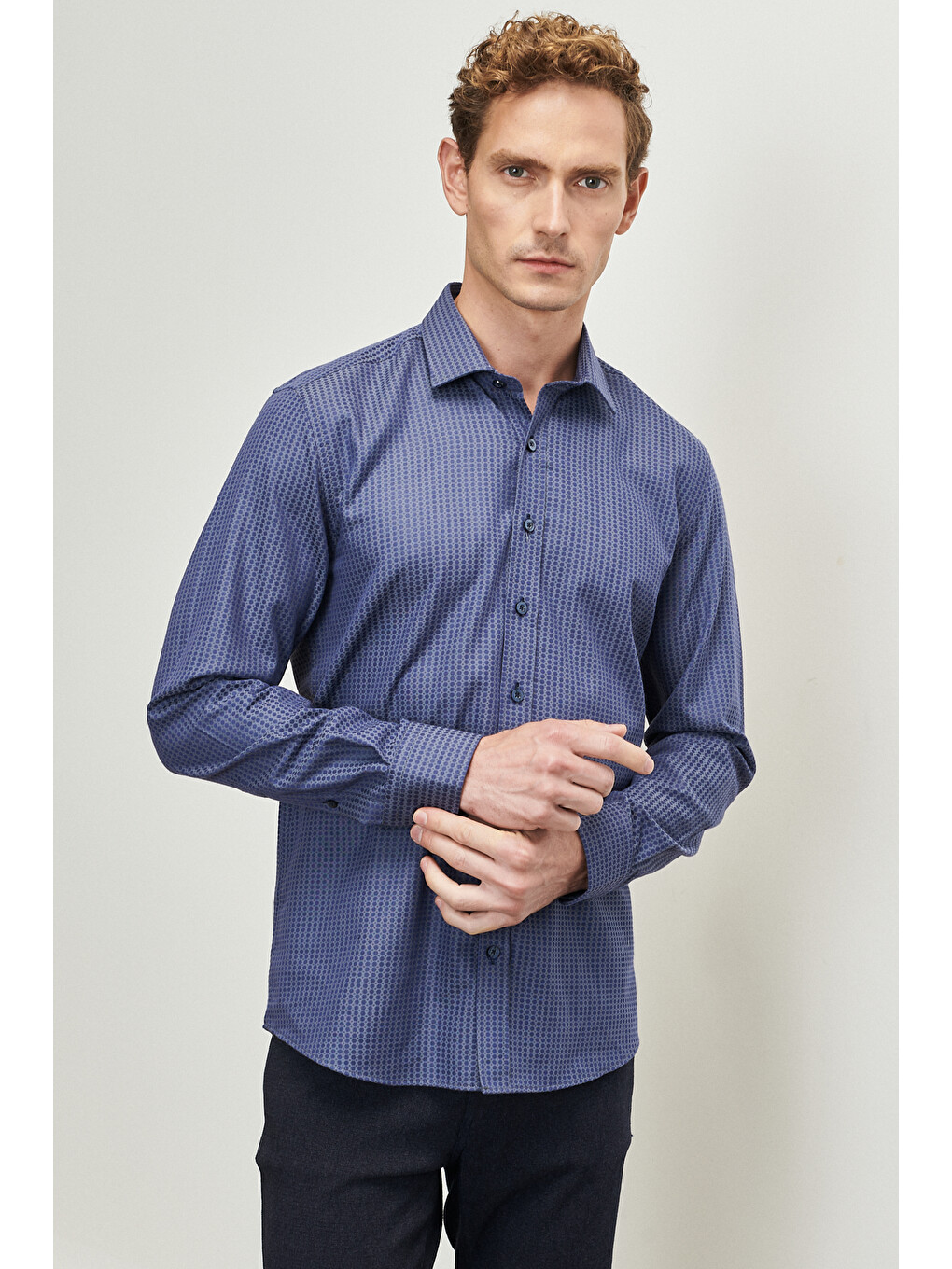 Erkek Lacivert-gri Slim Fit Dar Kesim Klasik Yaka %100 Pamuk Armürlü Gömlek-2
