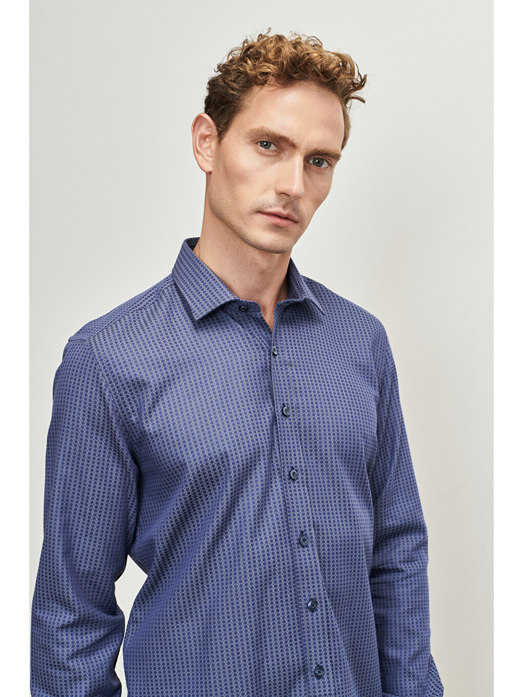 Erkek Lacivert-gri Slim Fit Dar Kesim Klasik Yaka %100 Pamuk Armürlü Gömlek-3