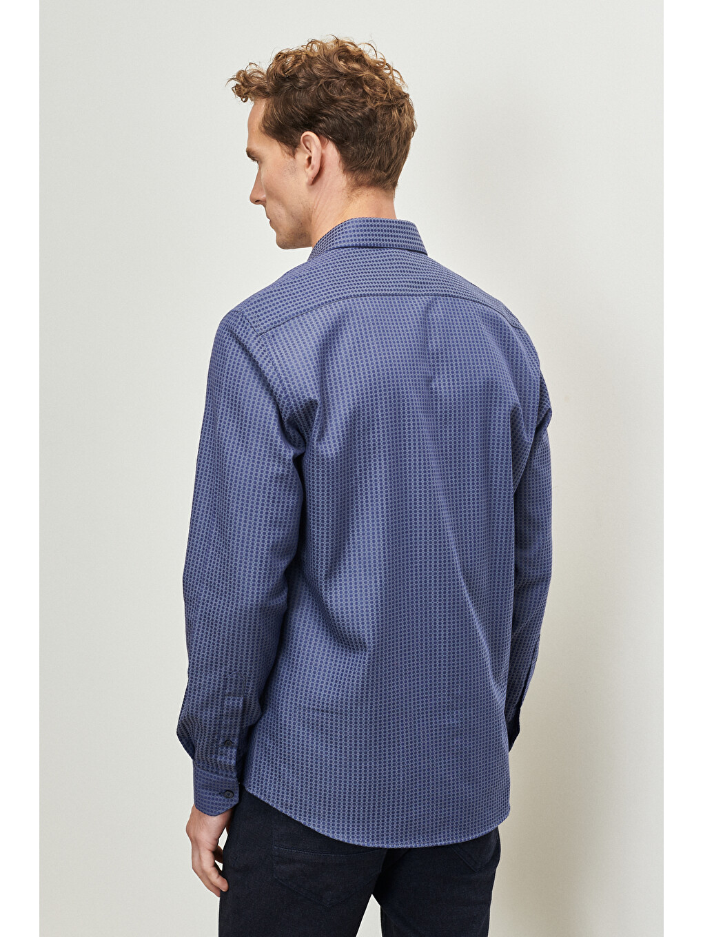 Erkek Lacivert-gri Slim Fit Dar Kesim Klasik Yaka %100 Pamuk Armürlü Gömlek-4