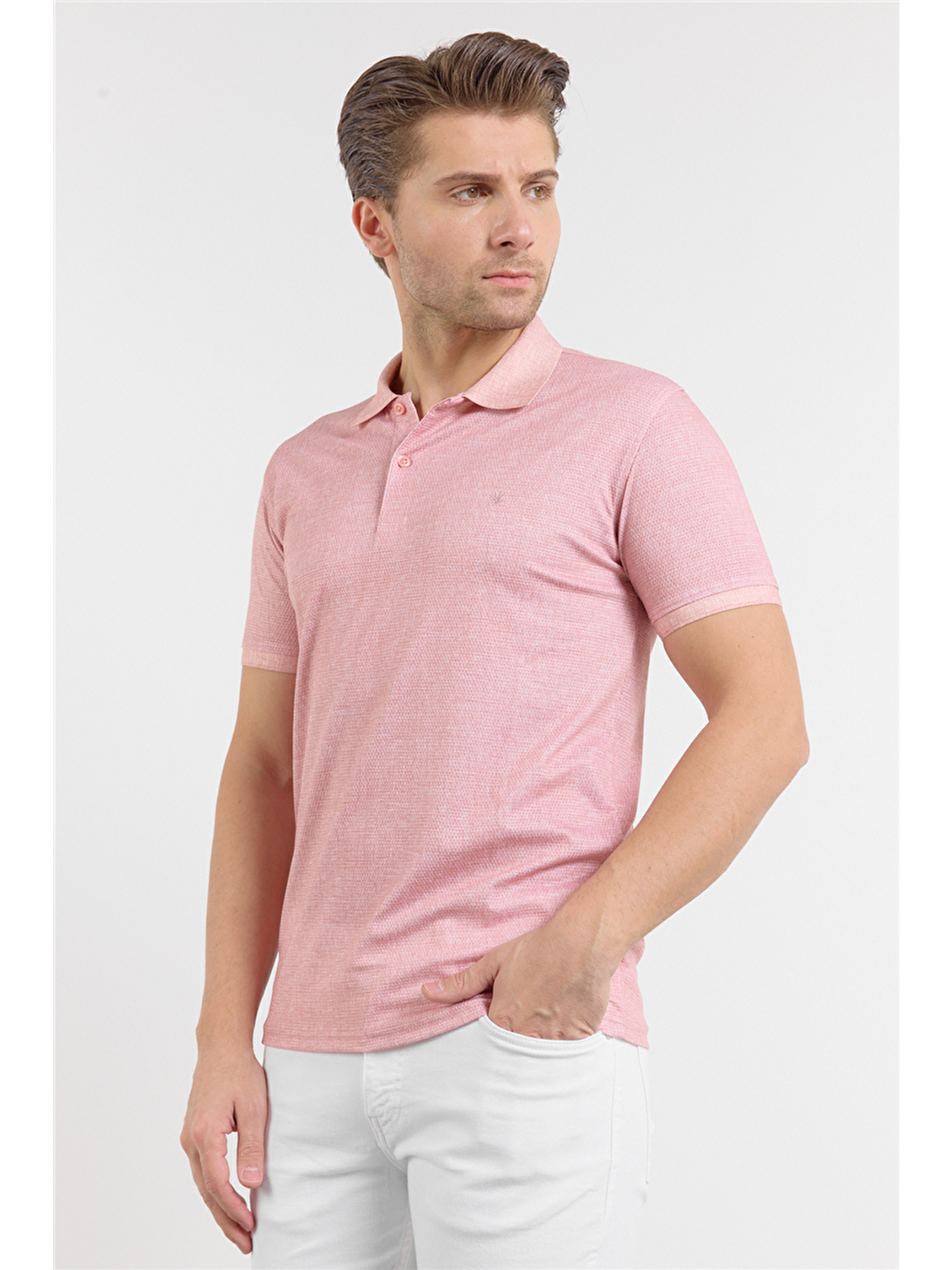 Pembe Kısa Kol Baskılı Pike Polo Yaka Cepsiz Esnek Casual Slim Fit Tişört 1011250153