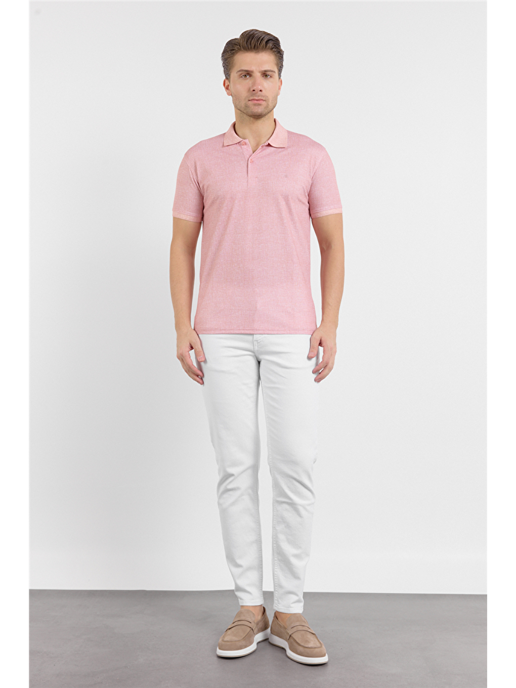 Pembe Kısa Kol Baskılı Pike Polo Yaka Cepsiz Esnek Casual Slim Fit Tişört 1011250153-1