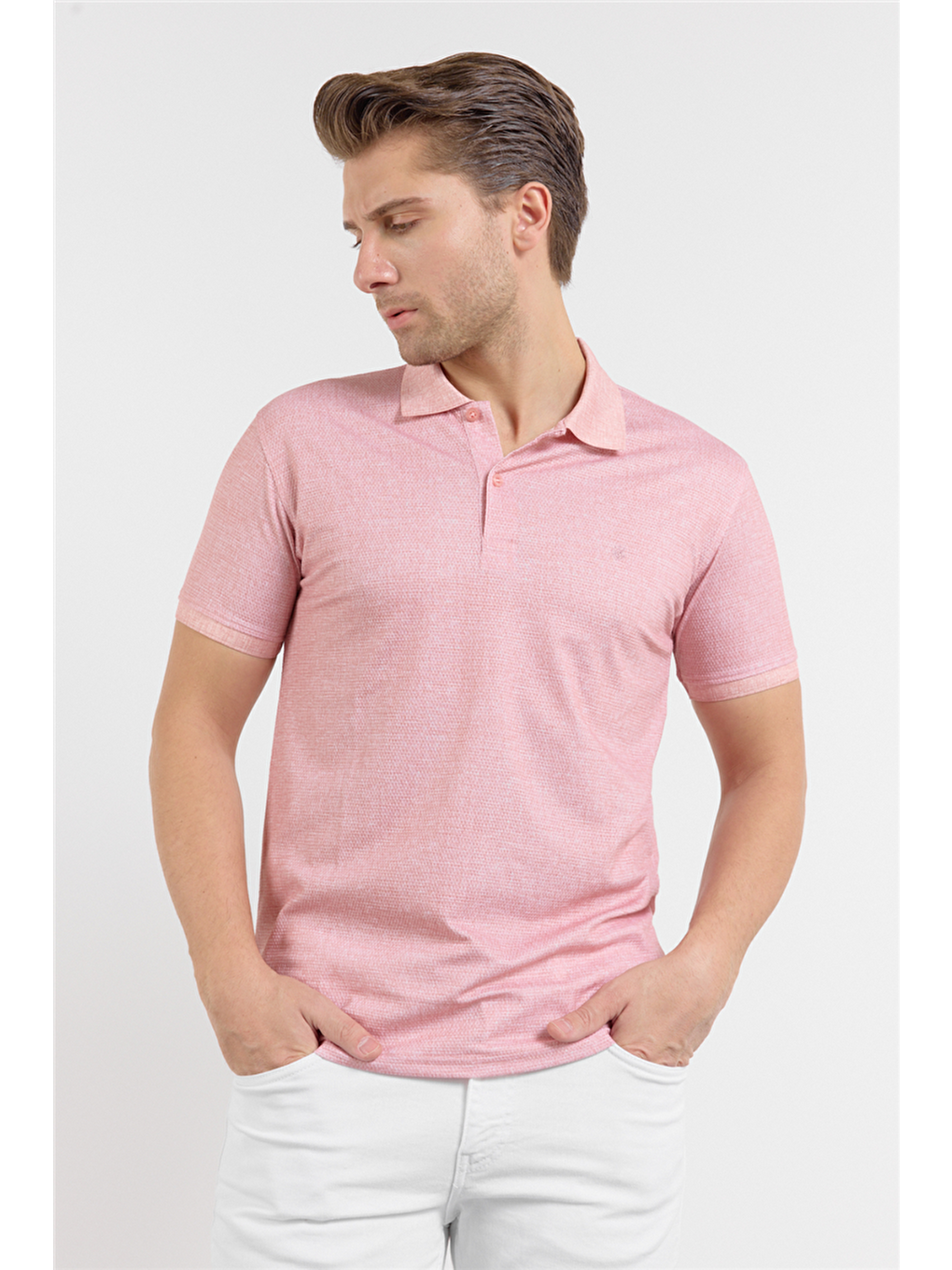 Pembe Kısa Kol Baskılı Pike Polo Yaka Cepsiz Esnek Casual Slim Fit Tişört 1011250153-2