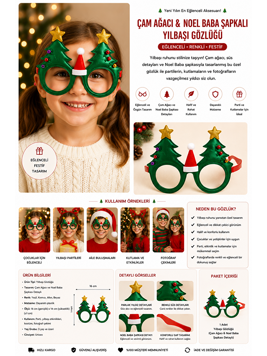 Karışık Çam Ağacı Ve Noel Baba Şapkalı Aksesuarlı Yılbaşı Gözlüğü-1