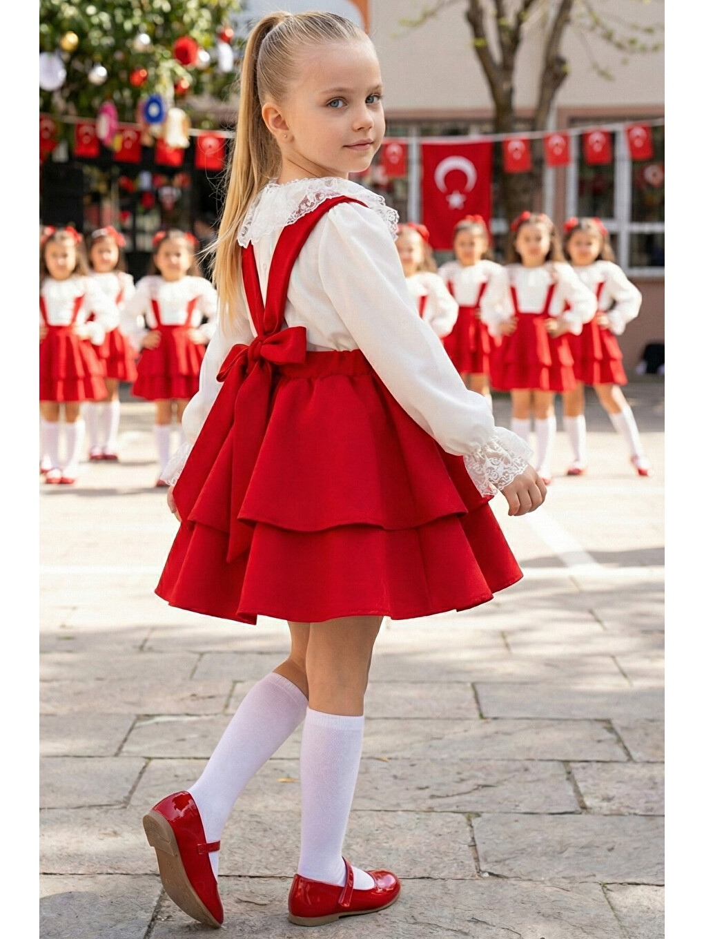 Kız Çocuk Kırmızı Helen Elbise Jile Dantel Bluz 23 Nisan 29 Ekim Gösteri Kıyafeti Uzun Kollu