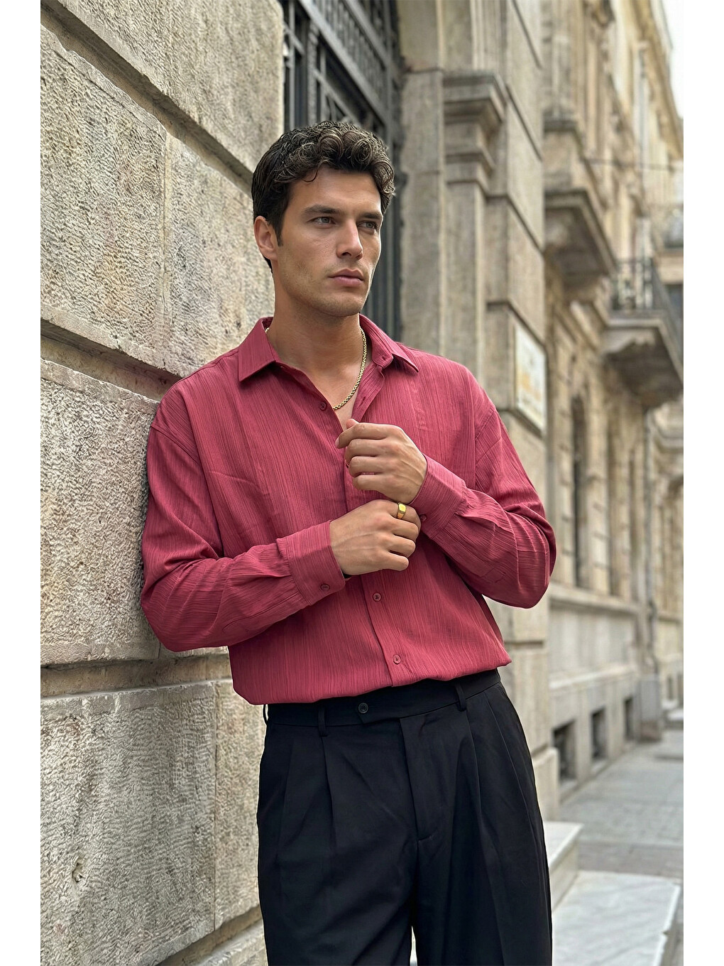 Bordo Hive Premium Oversize Erkek Gömlek Kendinden Çizgili-4