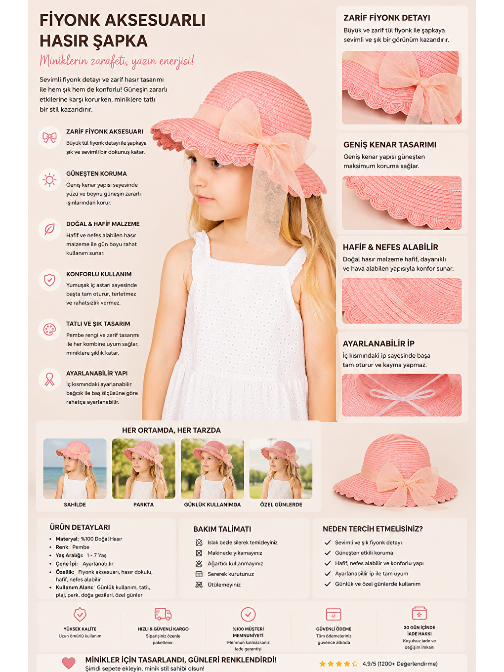 Fiyonk Aksesuarlı Hasır Şapka Pembe-1
