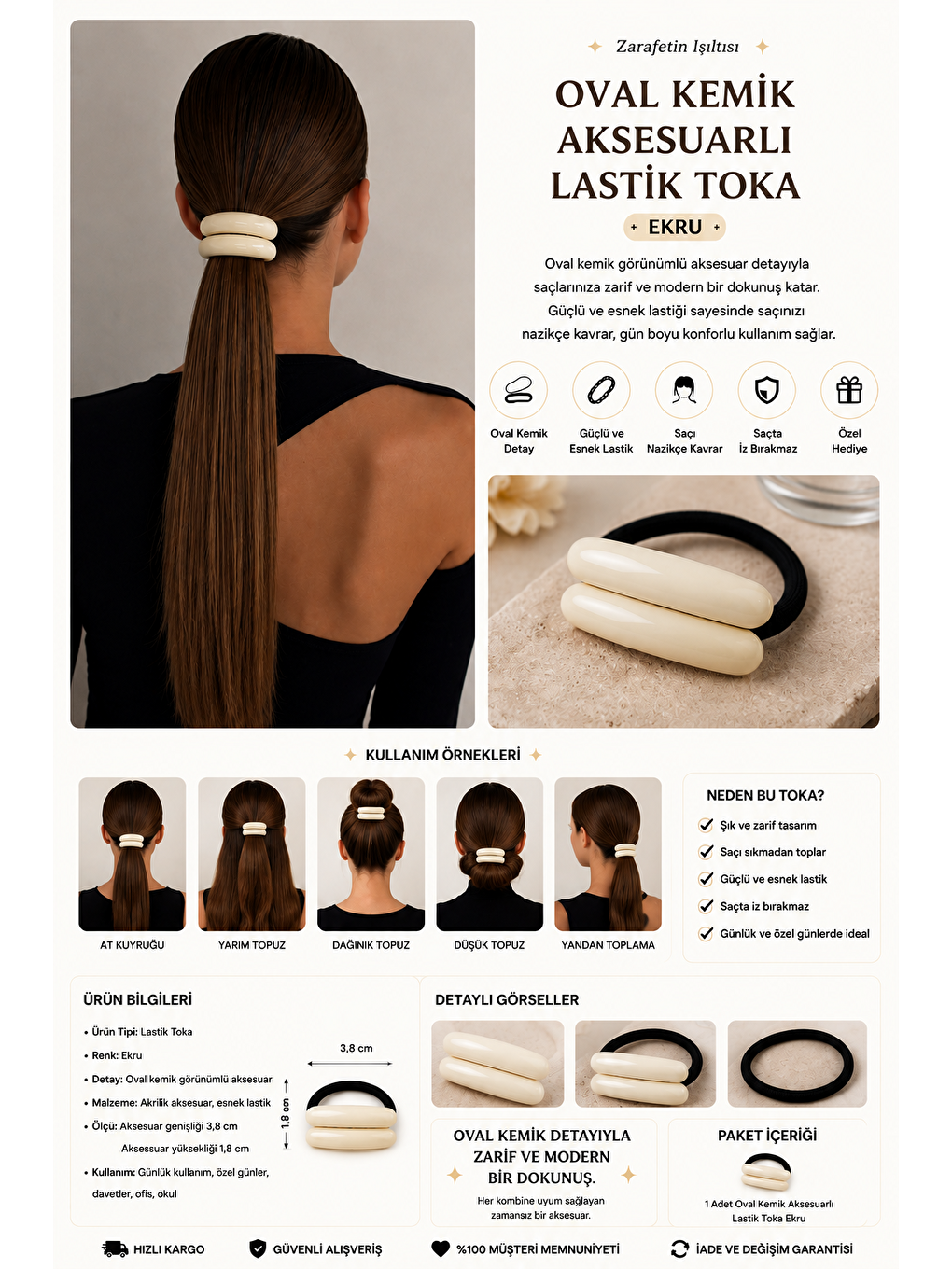 Oval Kemik Aksesuarlı Lastik Toka Ekru-1
