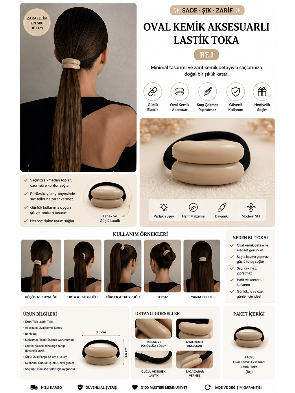 Oval Kemik Aksesuarlı Lastik Toka Bej-1