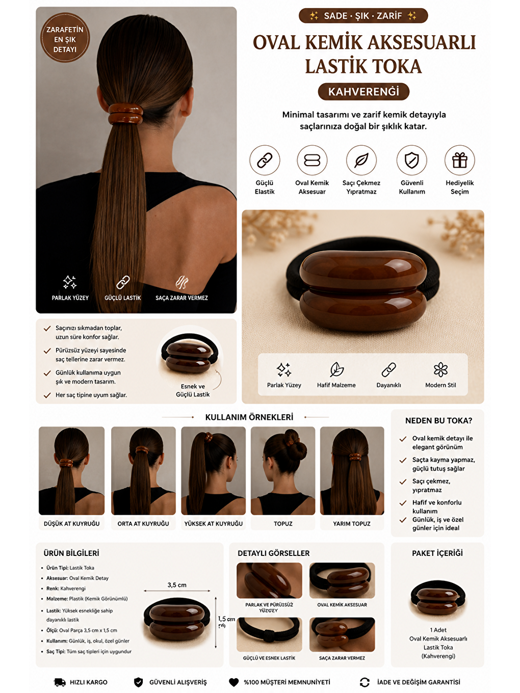 Oval Kemik Aksesuarlı Lastik Toka Kahverengi-1