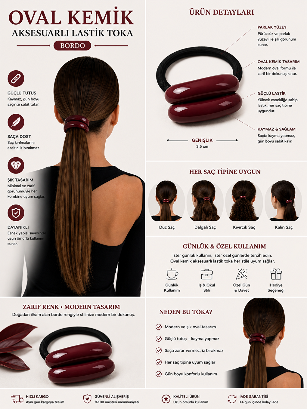 Oval Kemik Aksesuarlı Lastik Toka Bordo-1