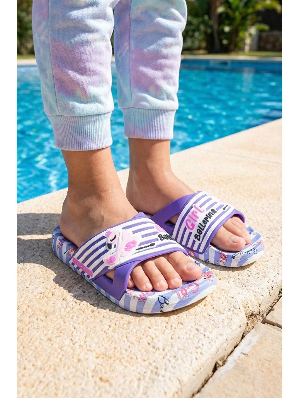 Mor Kız Çocuk Yazlık Ballerina PU Islak Zemine Uygun Ev Banyo Bahçe Havuz Terlik