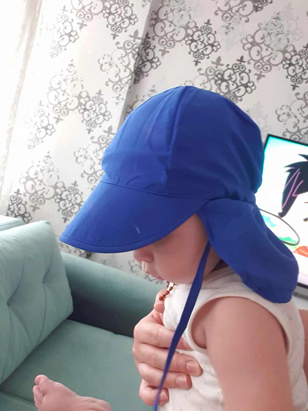 Lacivert Flap, Ense Korumalı, Boyundan Bağlamalı, Arkadan Ayarlı, Çocuk Bebek Güneş Şapka-4