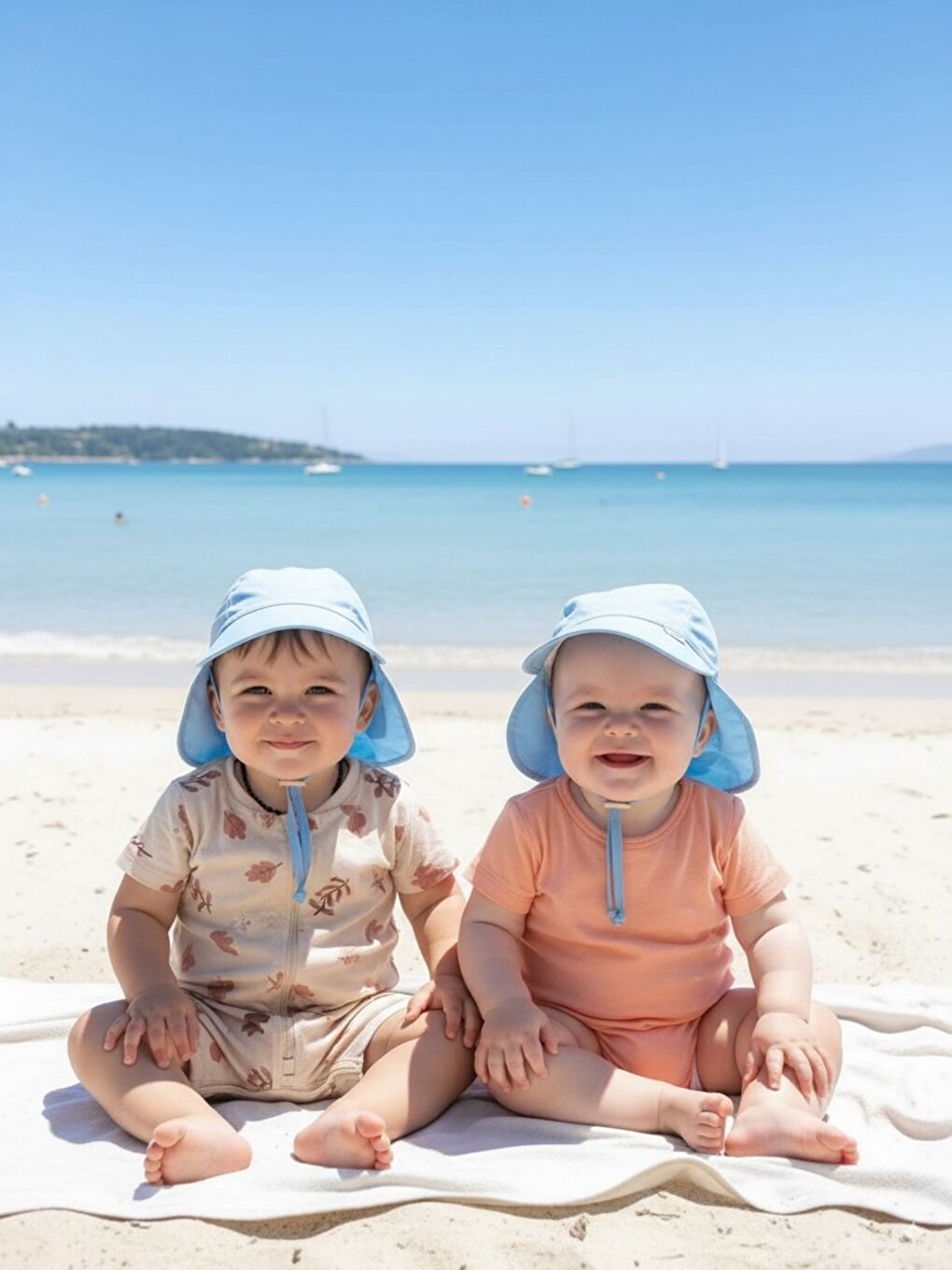 Mavi Flap, Ense Korumalı, Boyundan Bağlamalı, Arkadan Ayarlı, Çocuk Bebek Güneş Şapka-1