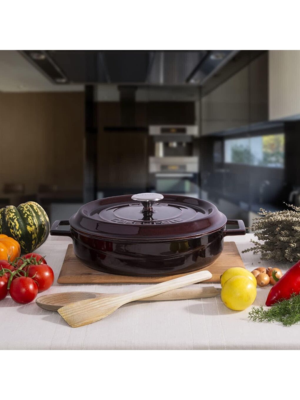 Mor Çok Amaçlı Yayvan Tencere Döküm Demir Yekpare Kulplu Premium Serisi Çap(Ø)24cm.-4