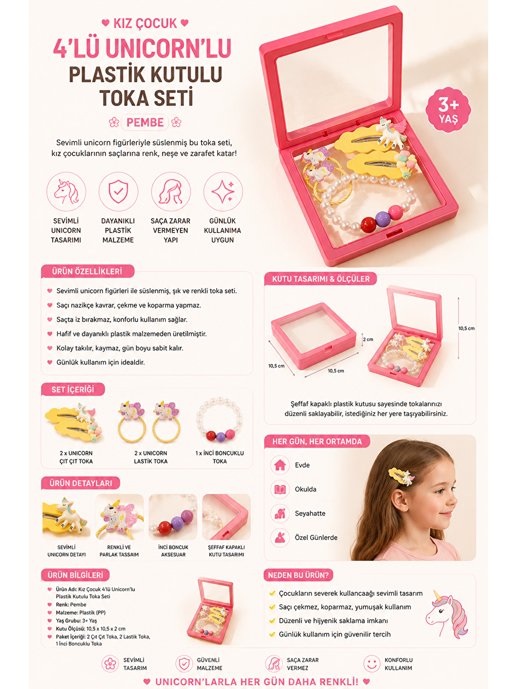 Kız Çocuk 4'Lü Unicornlu Plastik Kutulu Toka Seti Pembe-3