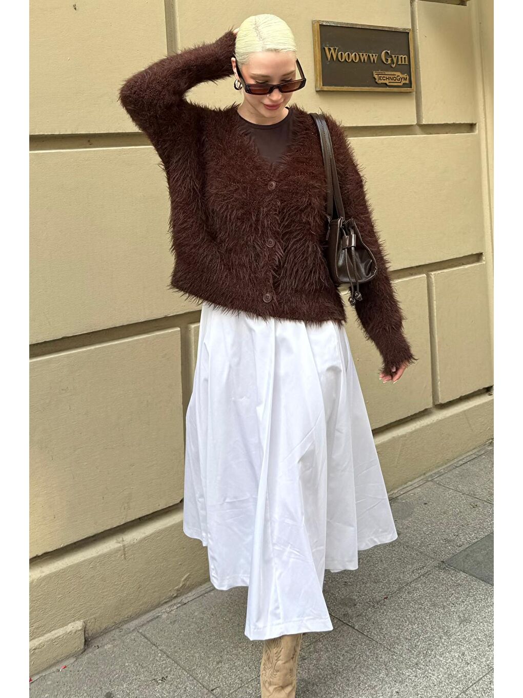 Beyaz Pileli Cepli Kadın Midi Boy Etek Mg2536-7