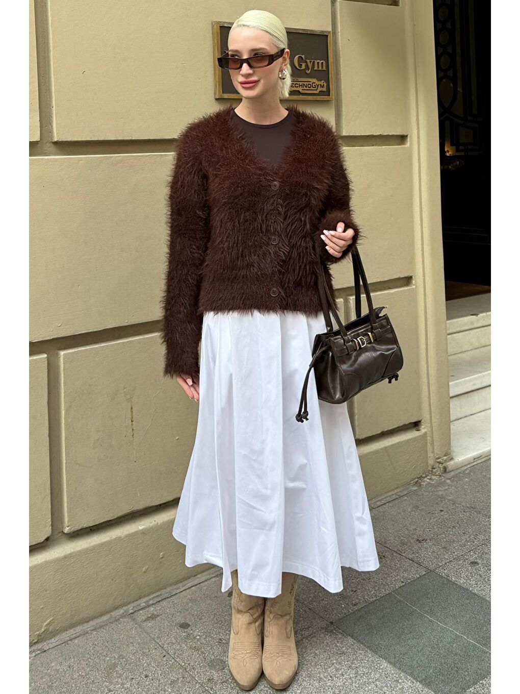 Beyaz Pileli Cepli Kadın Midi Boy Etek Mg2536-8