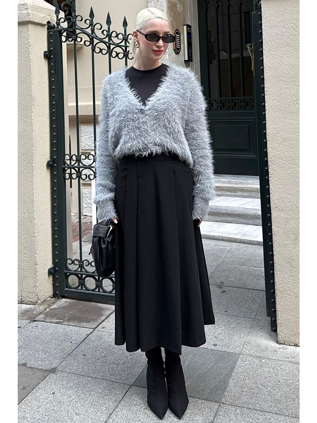 Siyah Pileli Cepli Kadın Midi Boy Etek Mg2536-11