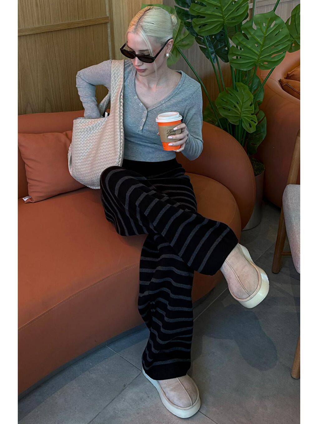 Antrasit Çizgili Kadın Triko Pantolon Mg2342-4