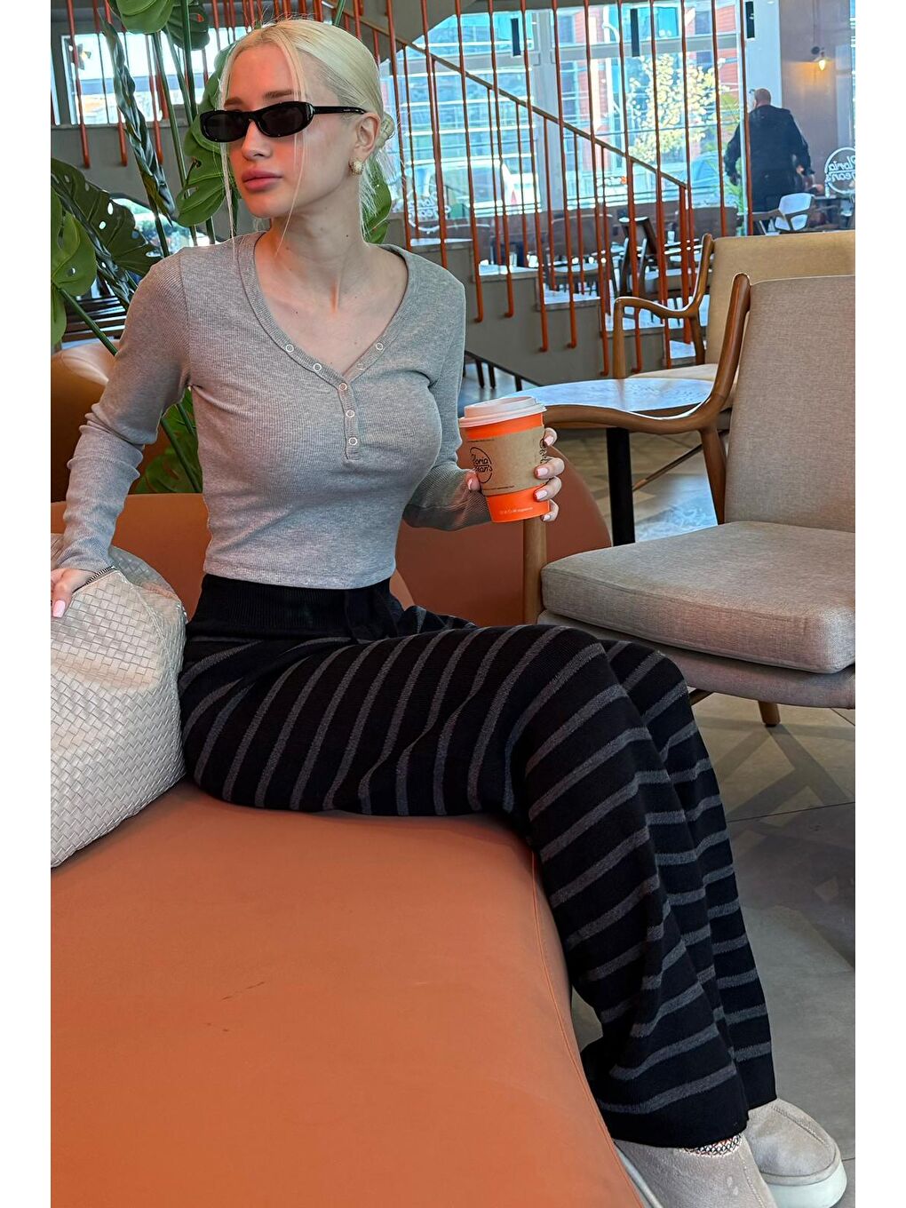 Antrasit Çizgili Kadın Triko Pantolon Mg2342-5