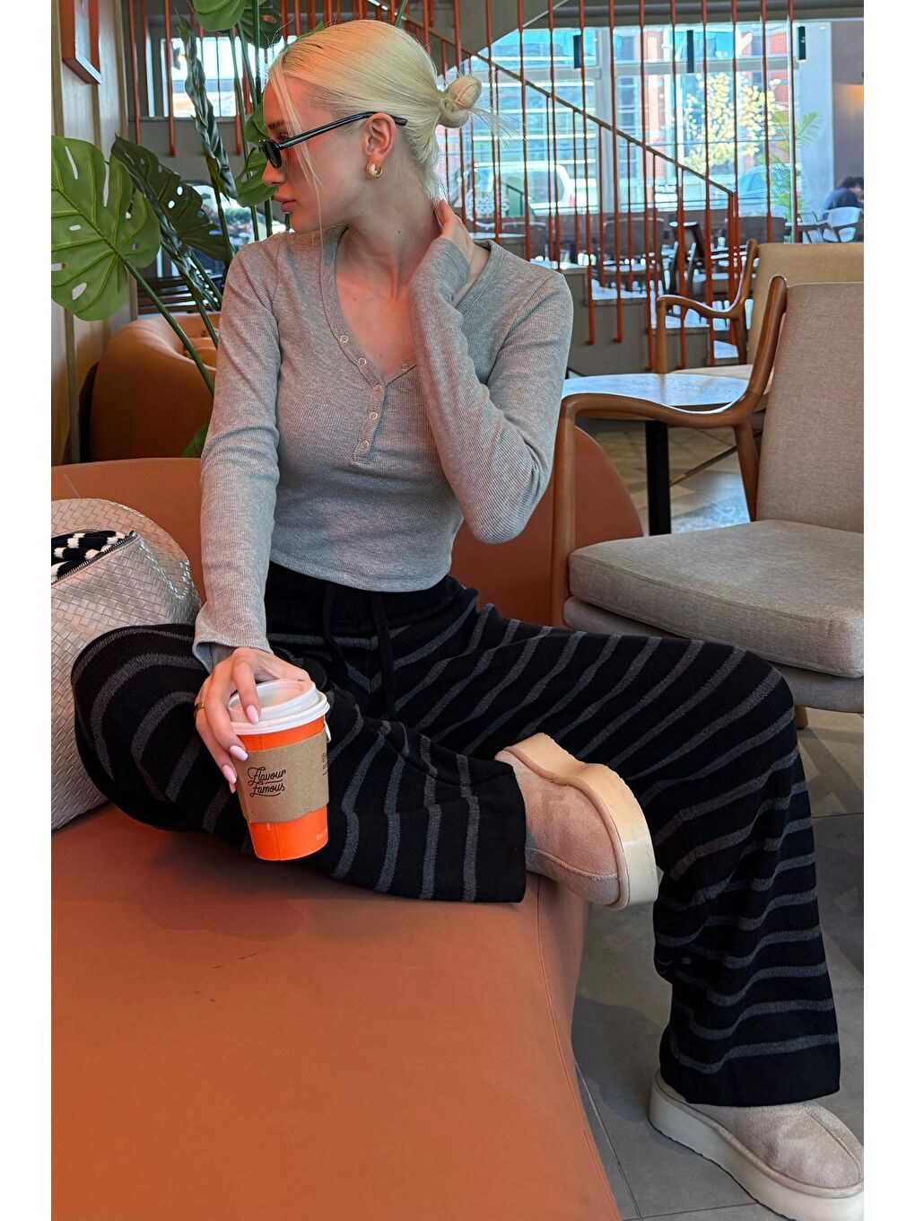 Antrasit Çizgili Kadın Triko Pantolon Mg2342-6