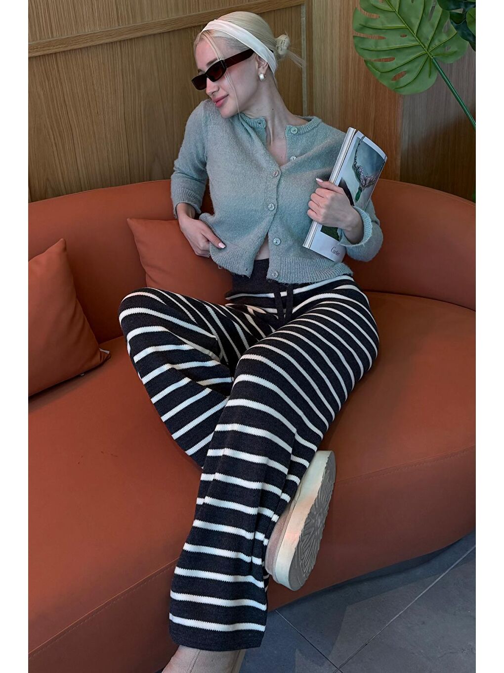 Lacivert Çizgili Kadın Triko Pantolon Mg2342-5