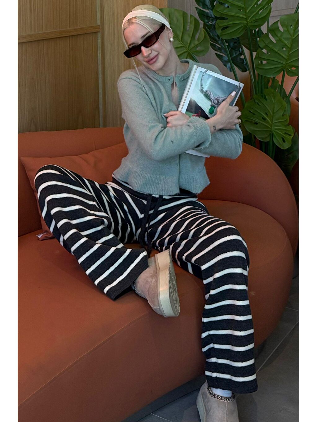 Lacivert Çizgili Kadın Triko Pantolon Mg2342-6