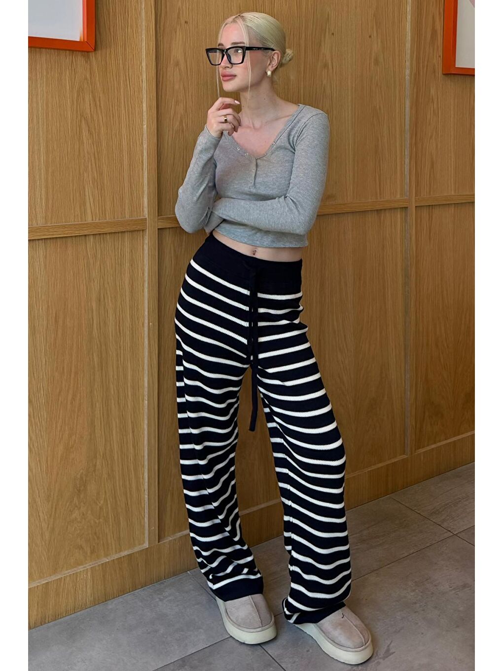 Lacivert Çizgili Kadın Triko Pantolon Mg2342-7