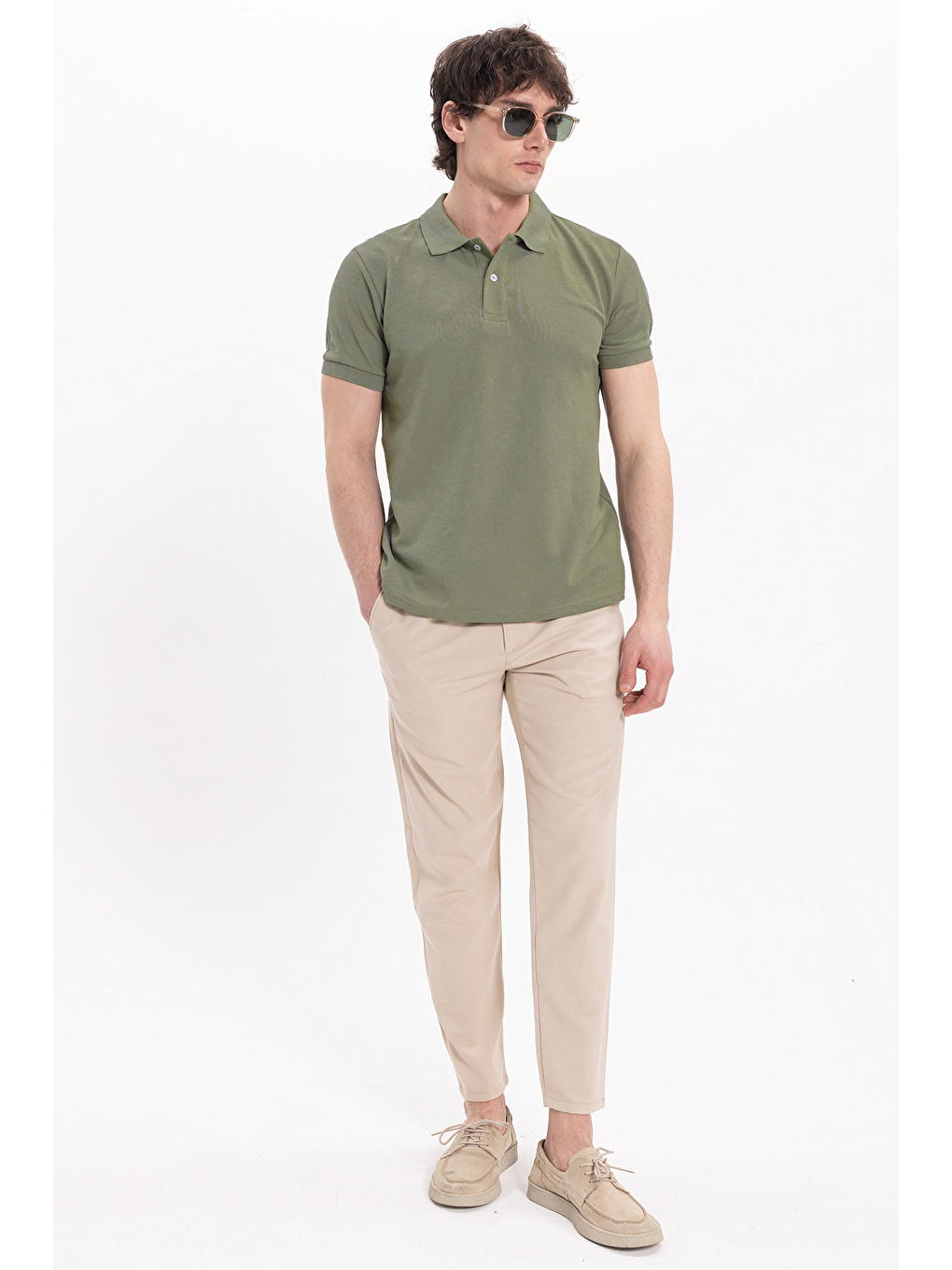Erkek Slim Fit Dar Kesim Pamuklu Yumuşak Dokulu Serin Tutan Kumaş Düz Pike Haki Polo Yaka Tişört-1