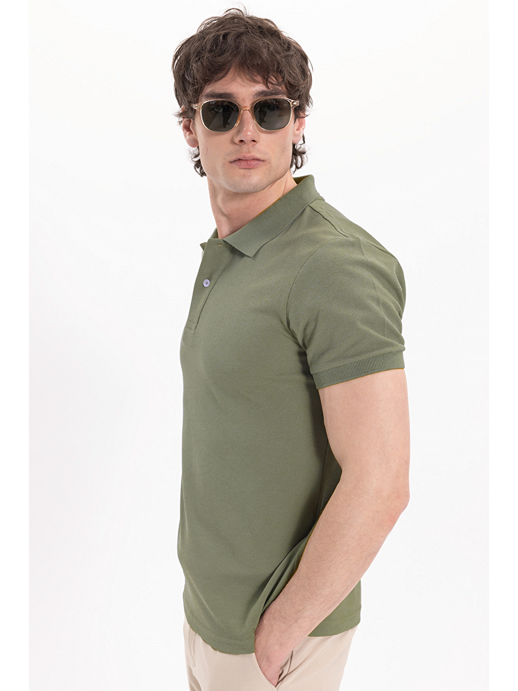 Erkek Slim Fit Dar Kesim Pamuklu Yumuşak Dokulu Serin Tutan Kumaş Düz Pike Haki Polo Yaka Tişört-2