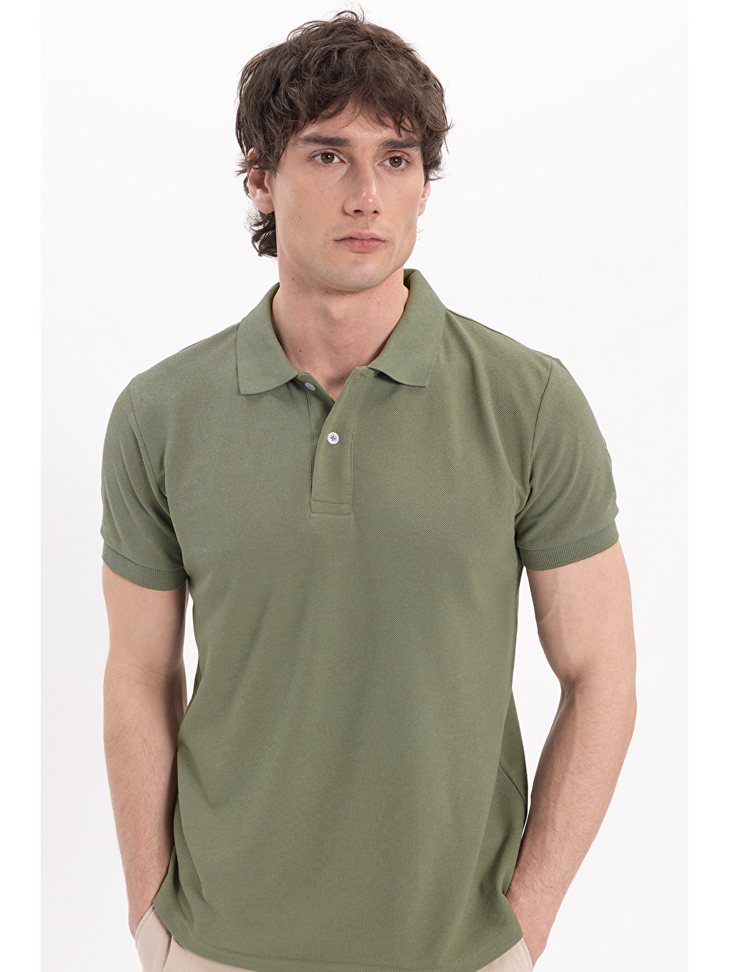 Erkek Slim Fit Dar Kesim Pamuklu Yumuşak Dokulu Serin Tutan Kumaş Düz Pike Haki Polo Yaka Tişört-3