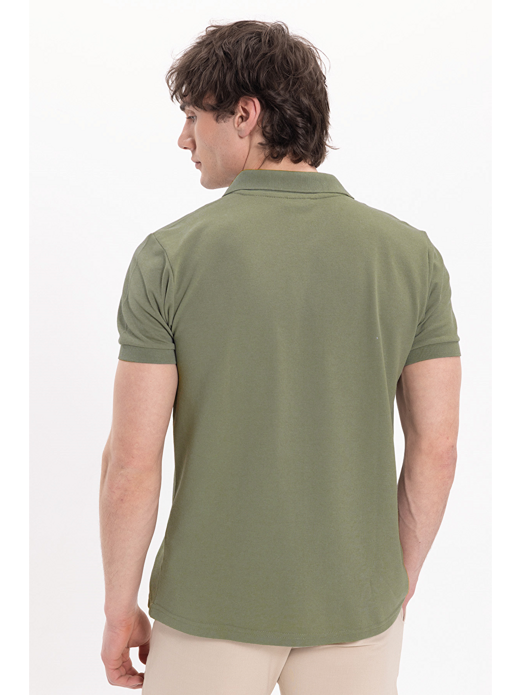 Erkek Slim Fit Dar Kesim Pamuklu Yumuşak Dokulu Serin Tutan Kumaş Düz Pike Haki Polo Yaka Tişört-5