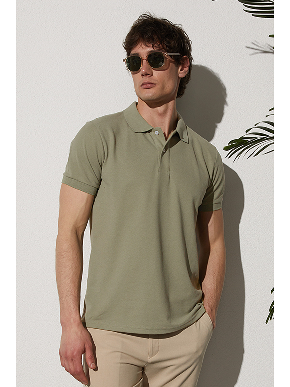 Erkek Slim Fit Dar Kesim Pamuklu Yumuşak Dokulu Serin Tutan Kumaş Düz Pike Haki Polo Yaka Tişört-6