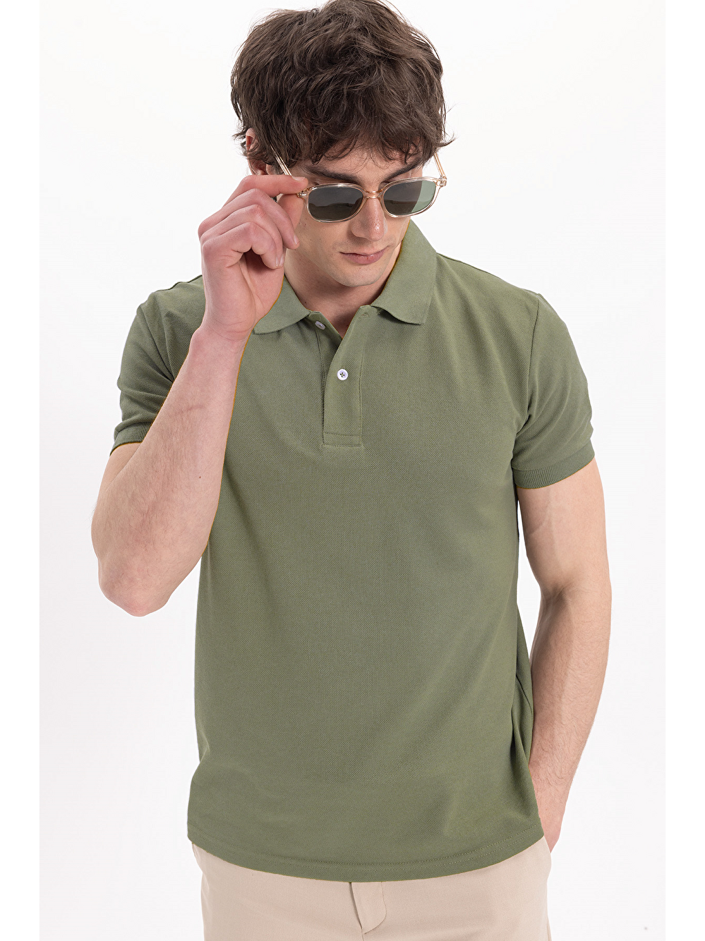 Erkek Slim Fit Dar Kesim Pamuklu Yumuşak Dokulu Serin Tutan Kumaş Düz Pike Haki Polo Yaka Tişört-7